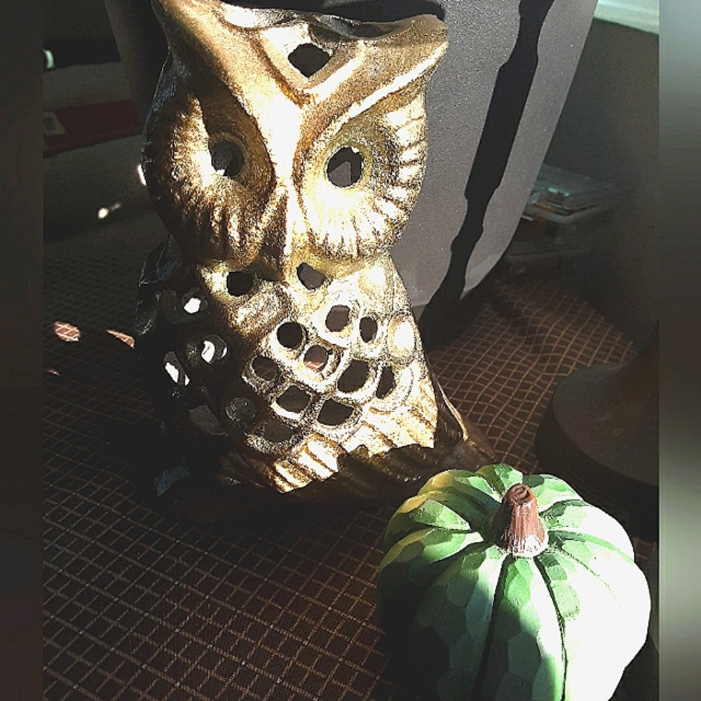 Owl candle holder, faux brass, Halloween lantern w/ green pumpkin.